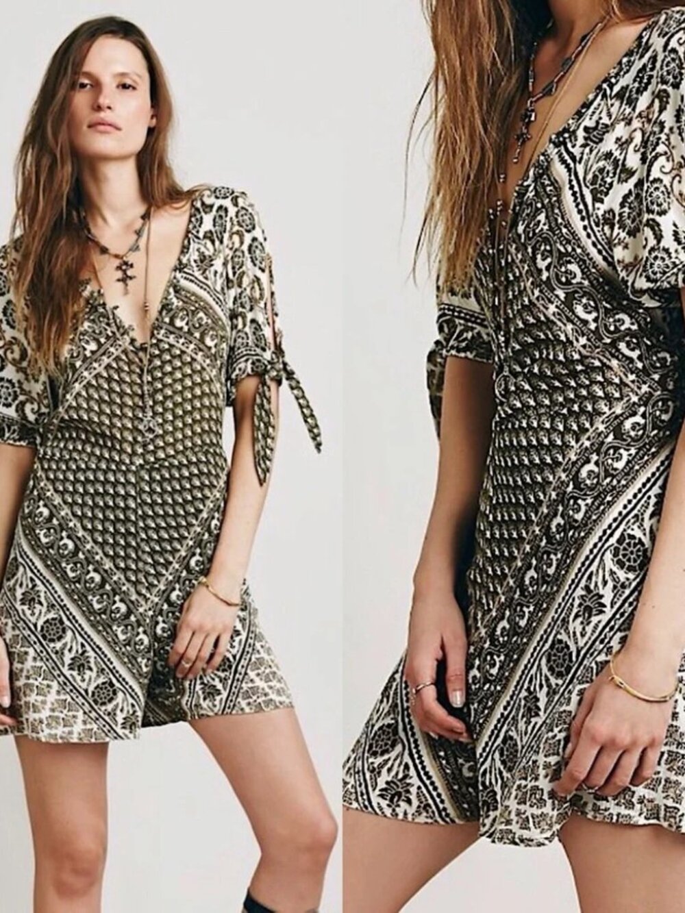 Free People Green Printed Cold Shoulder Button Front Romper Extra Small XS